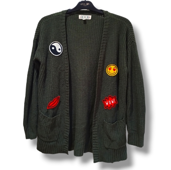 PINK ROSE Women's Army Green Emoji Knit Cardigan - Picture 13 of 16